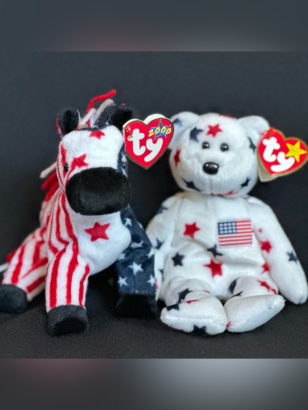 NEW Ty Beanie Babies Patriotic Lot Of 2: Glory 1997 Bear & Lefty Donkey 2000